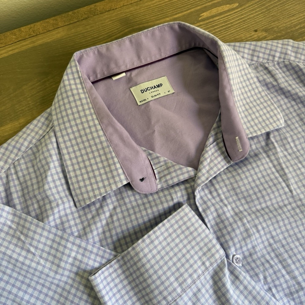 Duchamp London Men's XXL Purple Blue Plaid Long Sleeve Button Up Dress Shirt Top